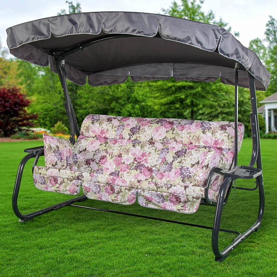 Качели садовые 3-местные, 236.5х138х181.5 см, 280 кг, Olsa, Турин, раскладываются в кровать, с москитной сеткой, цветы, подушка, С913, металл