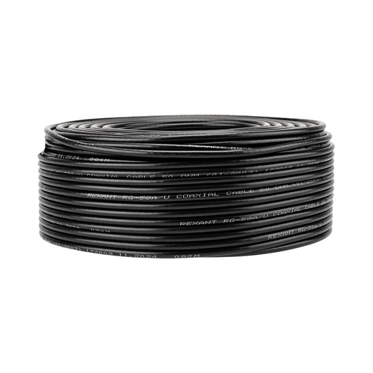 Провод коаксиальный, 1х0.51 мм², 100 м, RG-58 A/U, (64%), 50 Ом, черный, Rexant, 01-2003
