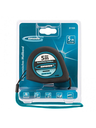 Рулетка 5 м, магнитный, 25 мм, с фиксатором, Gross, Ergonomisch, 31103