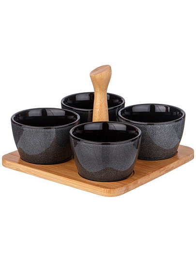 Соусник фарфор, Lefard, Graphite, 175 мл, 19х6.5 см, с ручкой, 4 шт, деревянная подставка, 474-240