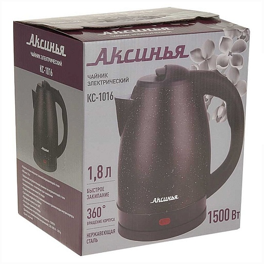 Чайник электрический Аксинья, КС-1016, черный, 1.8 л, 1500 Вт, скрытый нагревательный элемент, нержавеющая сталь