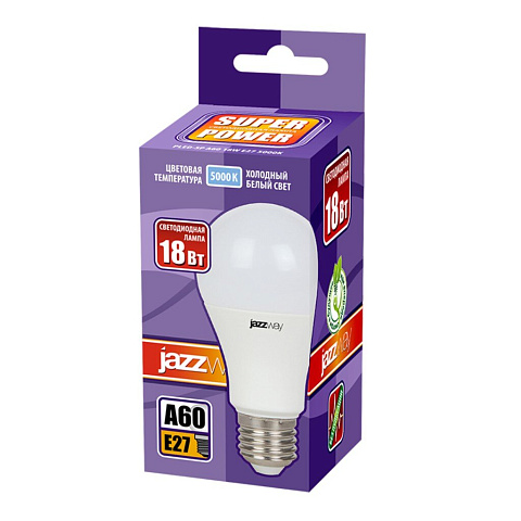 Лампа светодиодная E27, 18 Вт, груша, 5000 К, холод бел свет, JazzWay, PLED- SP А60, 5006218A