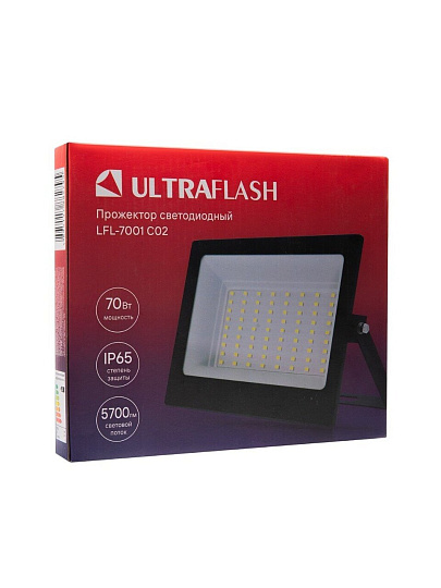 Прожектор светодиодный, Ultraflash, LFL-7001 C02, 70 Вт, 6500 К, IP65, 5700 Лм, 230 В, черный, 13328