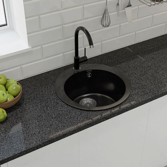 Мойка кухонная врезная, GranFest, Rondo, искусственный мрамор, 475 мм, + сифон, черная, GF-R-480