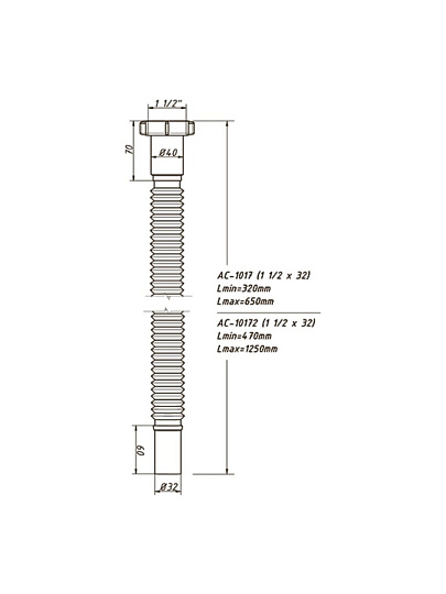 Гофра для сифона 650 мм, 1" 1/2х32, с гайкой, Orio, АС-1017