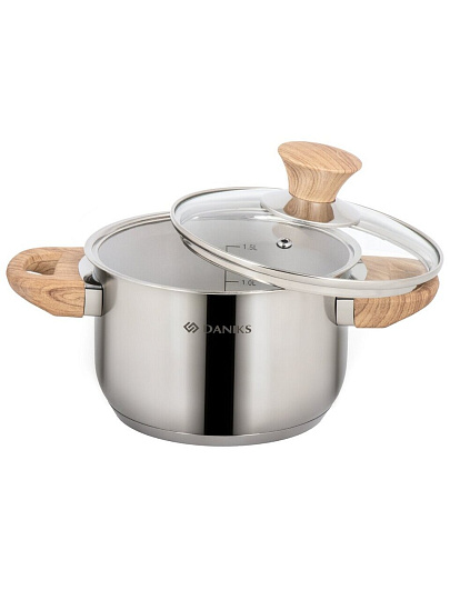 Кастрюля нержавеющая сталь, 1.9 л, крышка стекло, Daniks, Осло, GS-01147-16CA, индукция