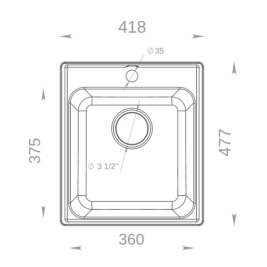 Мойка кухонная врезная, GranFest, Quarz, кварцевый песок, 418х477 мм, без сифона, серая, GF-Z17