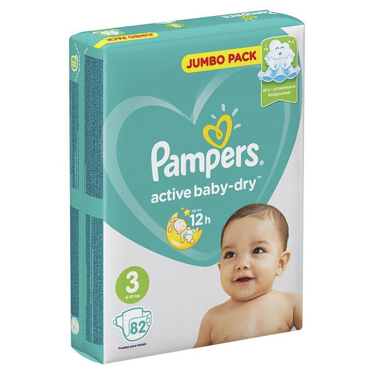 Подгузники детские Pampers, Active Baby Dry Midi, р. 3, 6 - 10 кг, 82 шт, унисекс