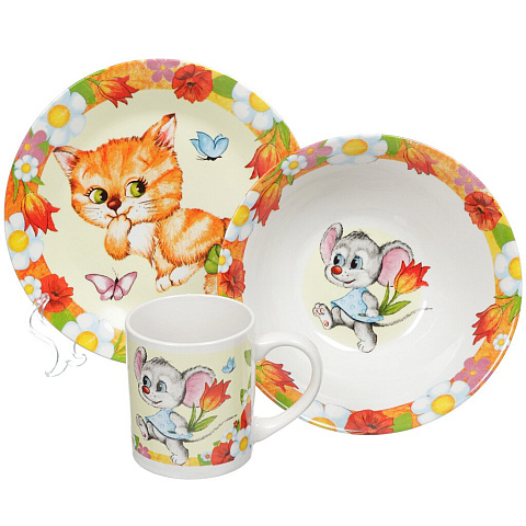 Набор детской посуды из керамики Кошки-мышки MFK04017, 3 предмета (кружка 240 мл, тарелка 190 мм, салатник 180 мм)