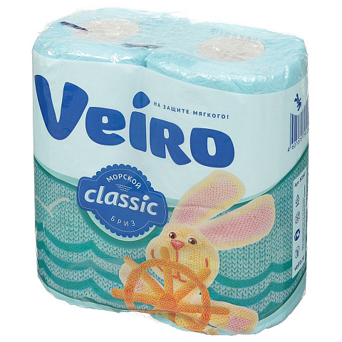 Туалетная бумага Veiro, Linia Classic, 2 слоя, 4 шт, 17.5 м, с втулкой, голубая
