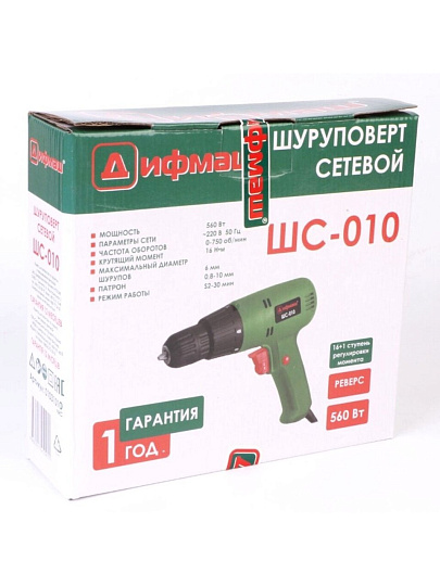 Дрель-шуруповерт сетевая Дифмаш, ШС-010, быстрозажимной патрон, 10 мм, 560 Вт, с реверсом, 1 скорость