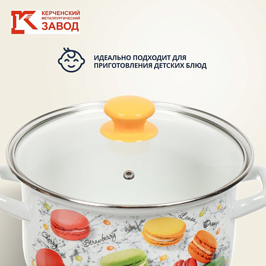 Кастрюля эмалированная сталь, 1.5 л, крышка стекло, цилиндрическая, Керченский металлургический завод, Цветное печенье, 51904-352/4.02, белая