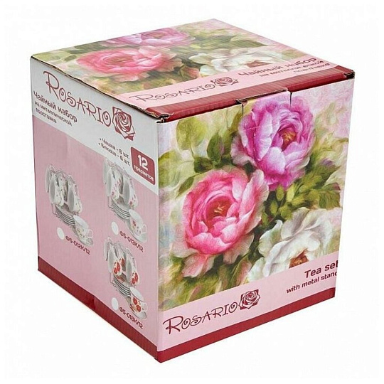 Набор чайный фарфор, 12 предметов, на 6 персон, 220 мл, металлическая подставка, Rosario, Восток, Ф5-023К/12, подарочная упаковка