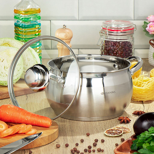 Кастрюля нержавеющая сталь, 3.9 л, с крышкой, крышка стекло, Daniks, Классика, SD-20, индукция