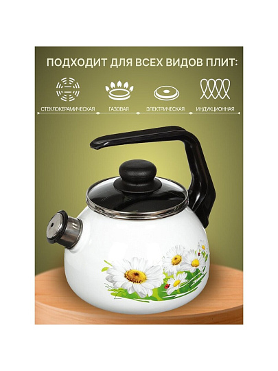 Чайник сталь, эмалированное покрытие, 2 л, со свистком, ручка консольная, СтальЭмаль, Ромашки лето, индукция, 4с210я