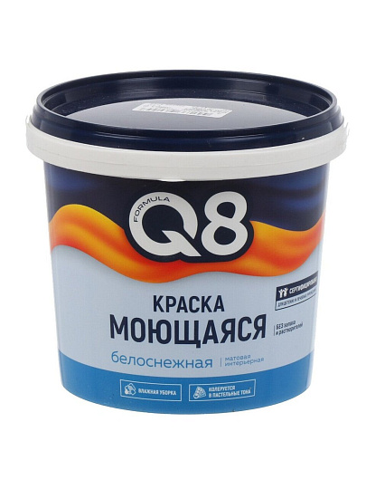 Краска водно-дисперсионная, Formula Q8, акриловая, универсальная, моющаяся, влагостойкая, матовая, белоснежная, 1.4 кг
