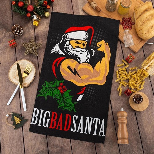 Полотенце кухонное вафельное, 35х60 см, 160 г/м2, 100% хлопок, Доляна, Большой плохой санта, Россия, 5059212