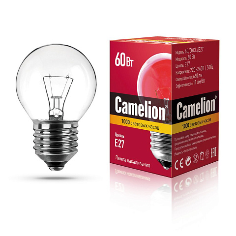 Лампа накаливания с прозрачной колбой, сфера MIC Camelion 60/D/CL/E27