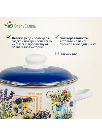 Кастрюля эмалированная сталь, 3 л, крышка сталь, сферический, СтальЭмаль, Горная лаванда, 6RC181M, индукция