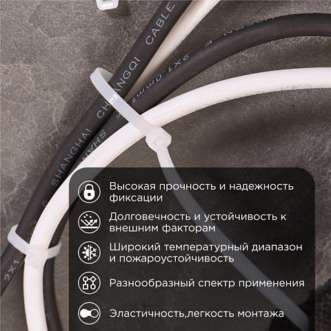Хомут стяж кабельн, 7.6х250 мм, нейлон, 100 шт, бел, Rexant, 07-0252