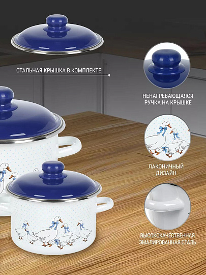 Набор посуды эмалированная сталь, 3 предмета, 2,3,5.5 л, индукция, СтальЭмаль, Гуси, 6KB191M