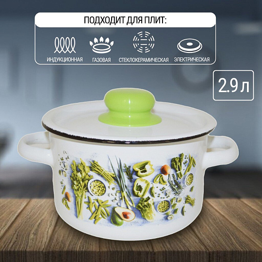 Кастрюля эмалированная сталь, 2.9 л, с крышкой, крышка сталь, цилиндрическая, Appetite, Свежая зелень, 1с16с/1, индукция