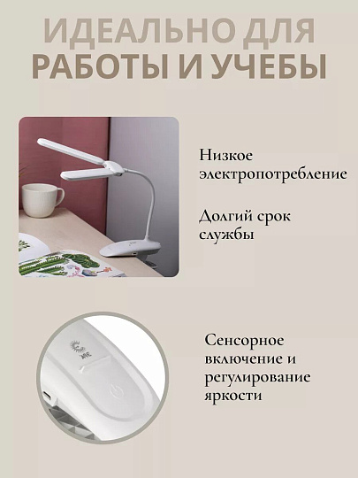 Светильник настольный 6 Вт, аккумуляторный, белый, Эра, NLED-512-6W-W, Б0057207, на прищепке