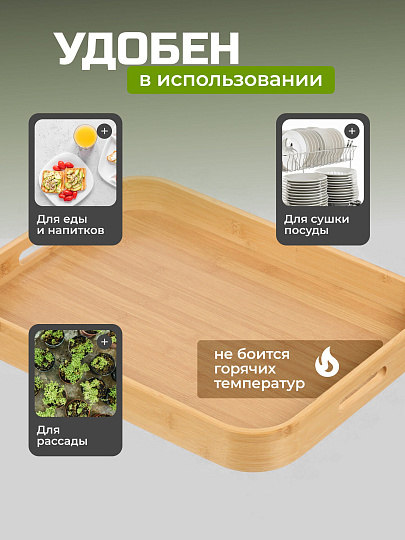Поднос бамбук, 45.5х35.5х5 см, прямоугольный, с ручками, ST32145B