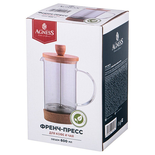 Френч-пресс 0.6 л, стекло, Agness, Native, 894-113