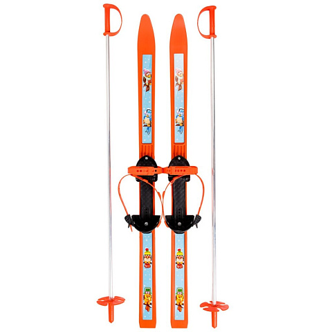 Лыжи для детей, 100 см, с палками, 100 см, универсальное крепление, в сетке, оранжевые, Вираж-спорт
