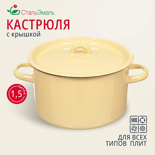 Кастрюля эмалированная сталь, 1.5 л, крышка сталь, СтальЭмаль, 2с15/1/ 6с15, в ассортименте, индукция
