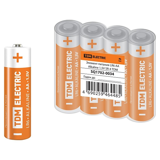 Батарейка TDM Electric, АА (LR6, 15A), Alkaline, щелочная, 1.5 В, блистер, 4 шт, SQ1702-0034