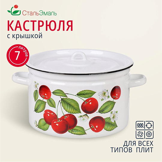 Кастрюля эмалированная сталь, 7 л, крышка сталь, цилиндрическая, СтальЭмаль, Вишня ягоды, 1с18с, индукция