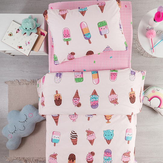 Постельное белье детское 1.5-спальное, простыня 150х215 см, 1 наволочка 50х70 см, пододеяльник 145х215 см, WMW, перкаль, Пломбир 70710-1+70711-1