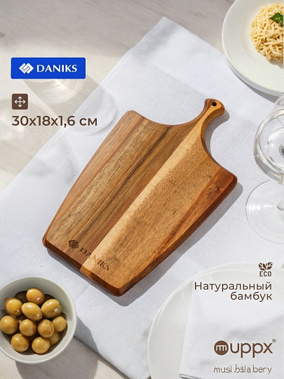 Доска разделочная акация, 30х18х1.6 см, с ручкой, прямоугольная, Daniks, CB36930A