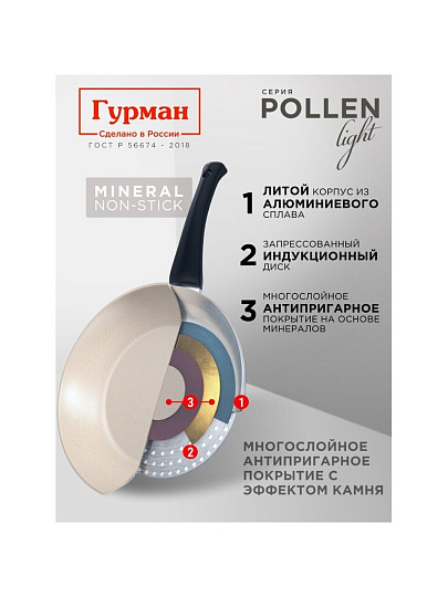 Сковорода литой алюминий, 28 см, антипригарное покрытие, Гурман, Pollen light, индукция, ГМ2801ПЛИ