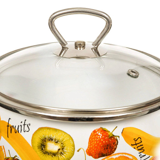 Кастрюля эмалированная сталь, 5 л, крышка сталь, петля, сферический, СтальЭмаль, Fruits, 1SA245S, белая, индукция
