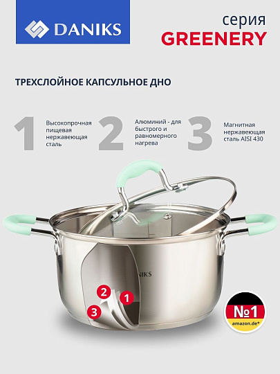 Кастрюля нержавеющая сталь, 1.7 л, крышка стекло, силиконовые ручки мятные, Daniks, Гринери, SD-23-16, индукция