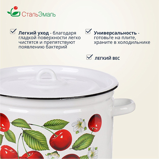 Кастрюля эмалированная сталь, 7 л, крышка сталь, цилиндрическая, СтальЭмаль, Вишня ягоды, 1с18с, индукция