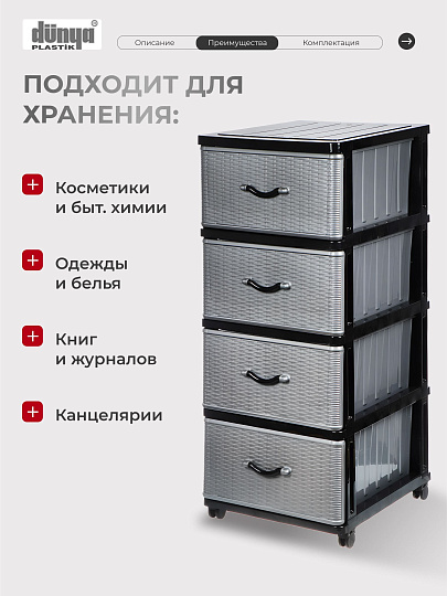 Комод 4 ящика, Дюна, 40х50х94 см, черно-серебряный, 04014, Dunya Plastik