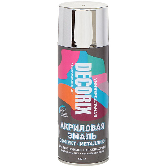 Эмаль аэрозольная, Decorix, Металлик, декоративная, акриловая, глянцевая, хром, M306, 520 мл