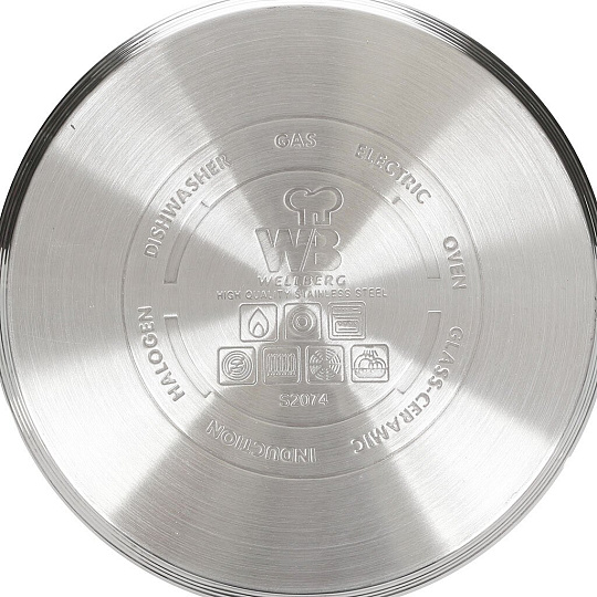 Кастрюля из нержавеющей стали с индукционным дном Wellberg 8042WB со стеклянной крышкой и металлическими ручками, 2 л