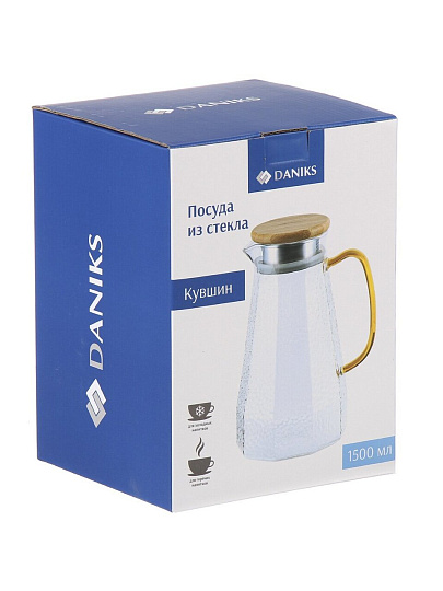Кувшин стекло, 1.5 л, с крышкой, Daniks, HGTK-1500, с бамбуковой крышкой