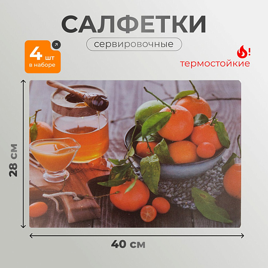 Набор салфеток пластик, 40х28 см, прямоугольный, 4 шт, для стола, Мандарины, Y4-9157