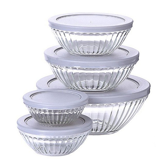 Салатник стекло, круглый, 5 шт, 18х10х18 см, 0.9, 0.61, 0.35, 0.22, 0.15 л, с крышкой, подарочная упаковка, Loraine, 29 995, прозрачный