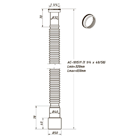 Гофра для сифона, 650 мм, 1" 1/4х40/50, полипропилен, с гайкой, Orio, АС-1015М