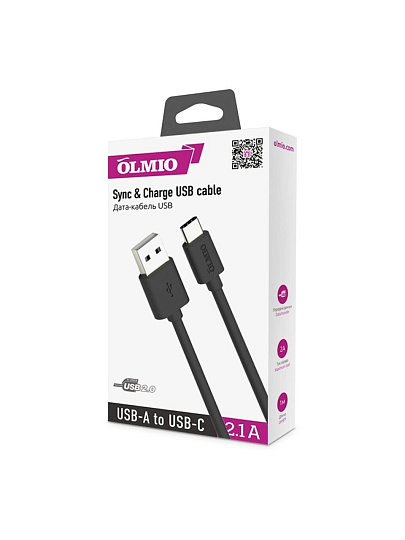 Кабель USB, OLMIO, Type-C, 2.1 А, 1 м, черный, 038773