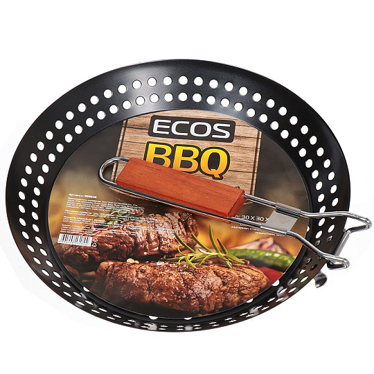 Сковорода-гриль 300х300х50 мм, Ecos, 24031D, нержавеющая сталь, антипригарное покрытие, рукоятка дерево, для жарки на мангале, 999626