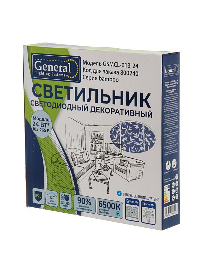 Светильник светодиодный, General Lighting Systems, GSMCL-013-24 Bamboo, 24 Вт, 6500 К, 1560 Лм, IP20, 32.5х30х6 см, холодный белый свет
