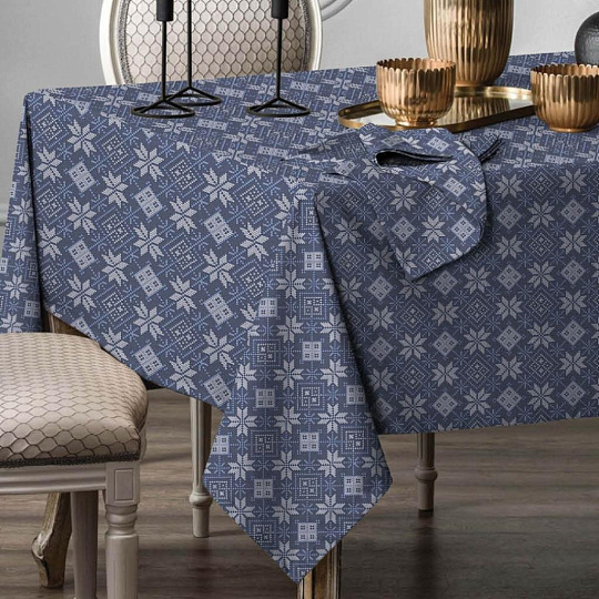 Скатерть 145х180 см, 100% хлопок, рогожка, Winterland, Снежный калейдоскоп, синяя, 670942